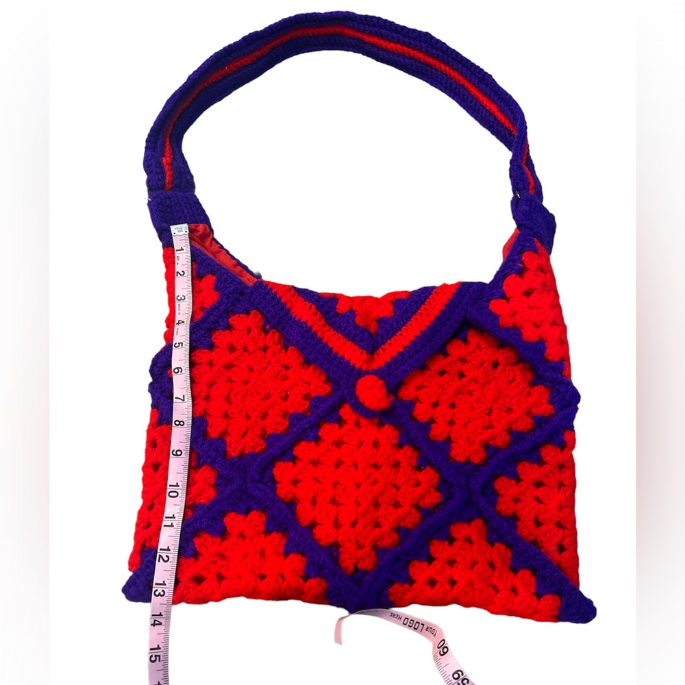 Hand Crocheted Knit Yarn Boho Tote Red Purple Purse Shoulder Bag Retro Granny